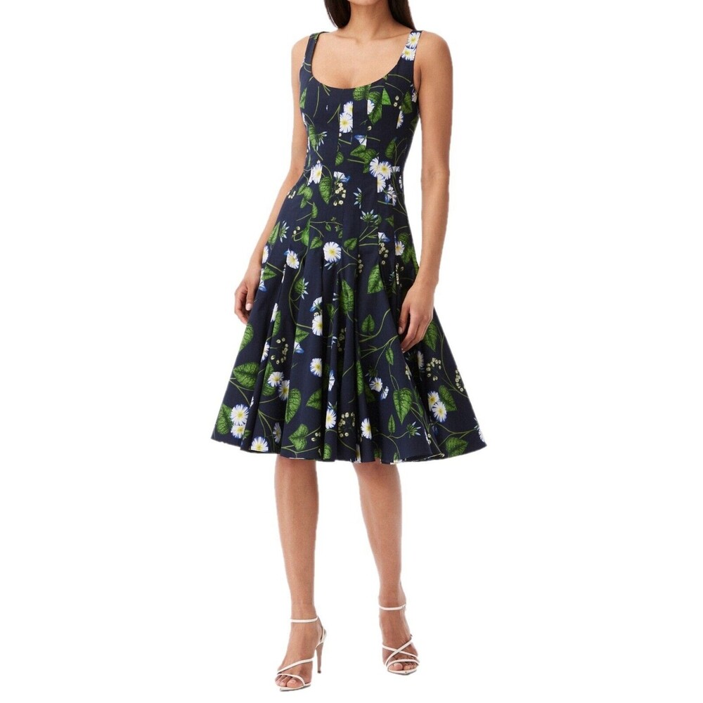 Oscar de la Renta Morning Glory Cotton Fit & Flare Dress Navy Floral Size 4